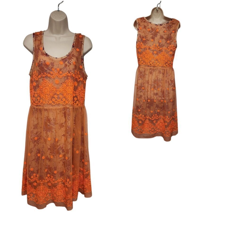 Anthropologie Uncle Frank Embroidered Mesh Overlay Neon Orange Floral Dress Sz M